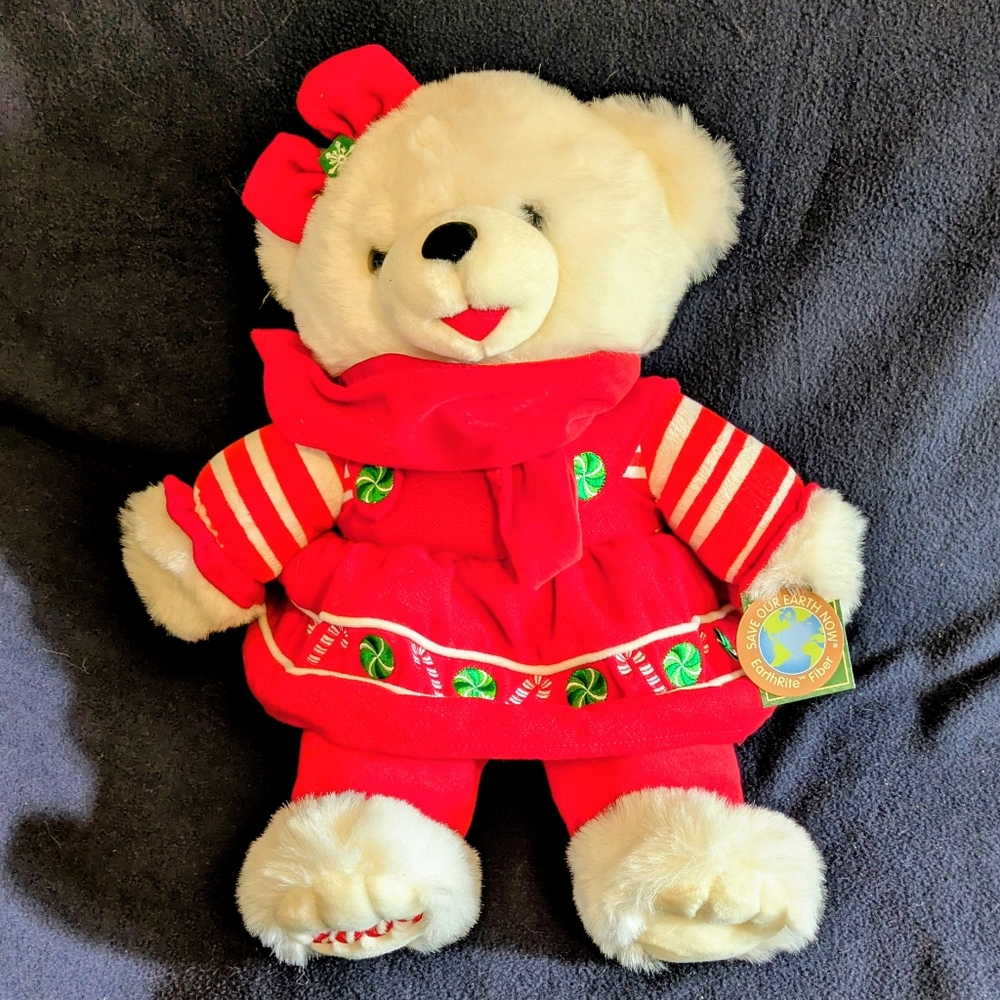 Plush White Teddy Bear Red Green.White Outfit Snowflake Earthrite 2009 H 18" Toy